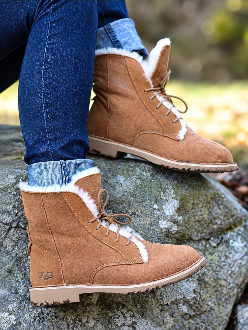 UGG Quincy Chestnut Lace-Up Shearling Trim Ankle Boots